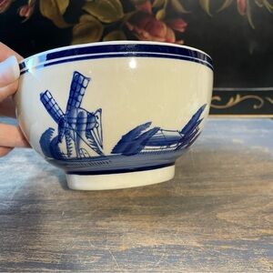 Vintage Delft Blue white ceramic bowl Hand Painted Windmill Ship